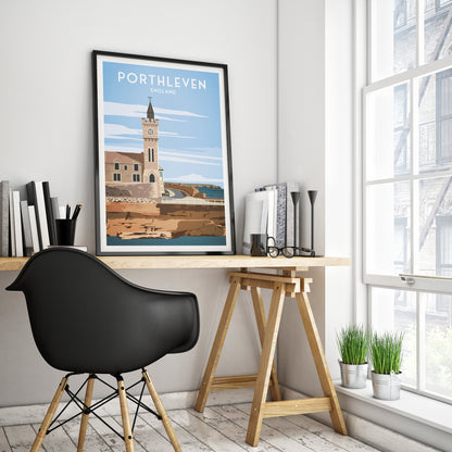 Porthleven Print - Travel Poster - Cornwall - England - Clock Tower - Porthleven Harbour