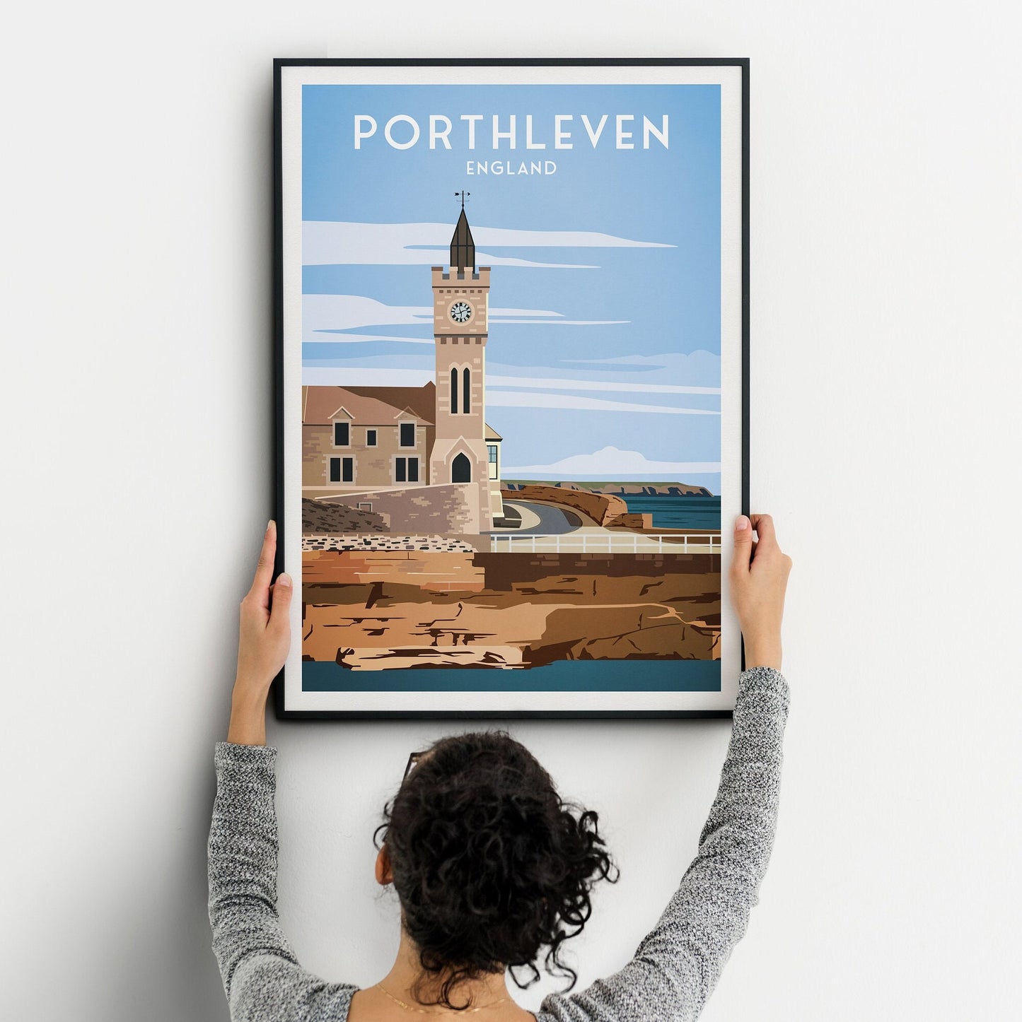 Porthleven Print - Travel Poster - Cornwall - England - Clock Tower - Porthleven Harbour