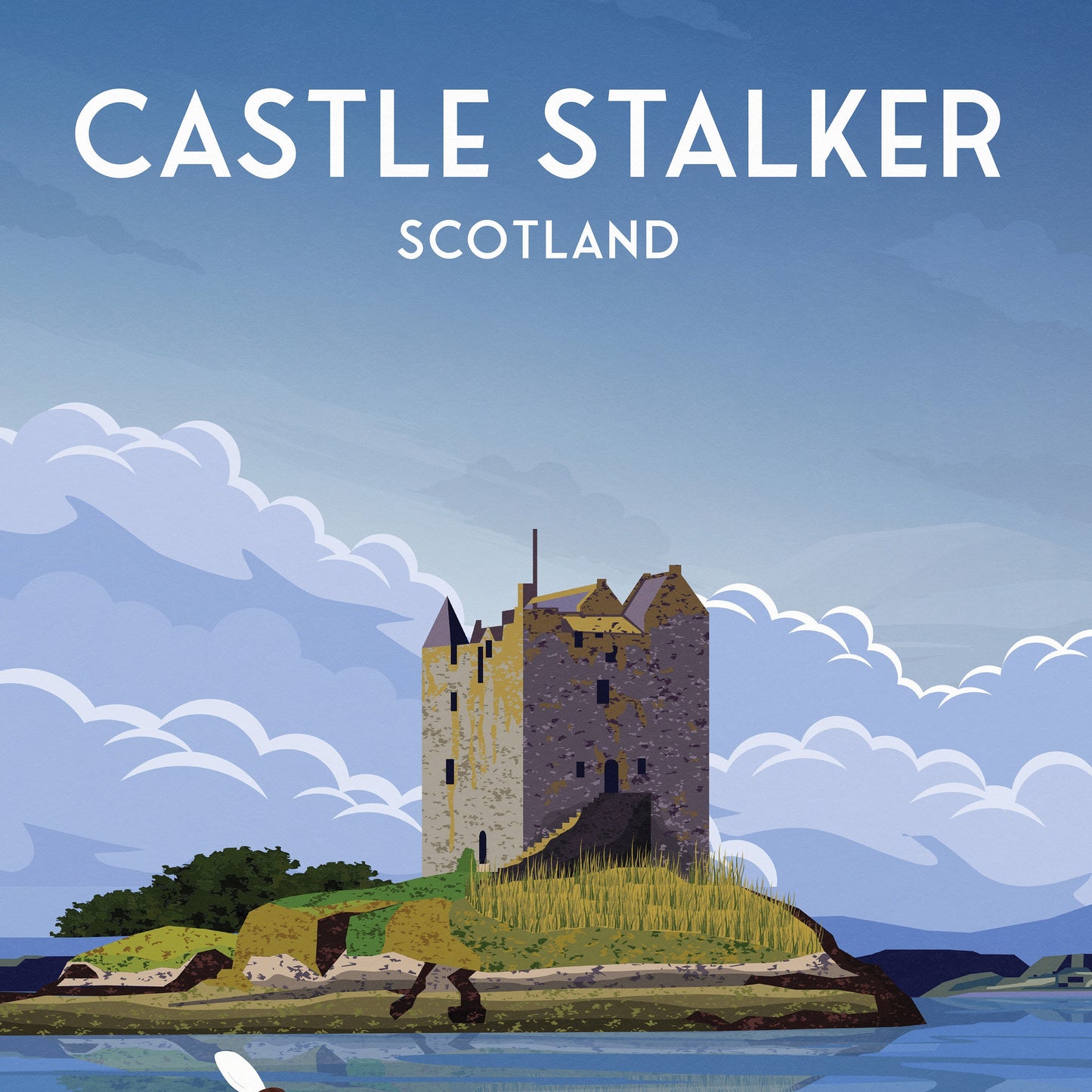 Stalker Castle Print - Kayaker and Graceful Swans -  Loch Laich - Loch Linnhe  - Port Appin - Argyll - Scotland