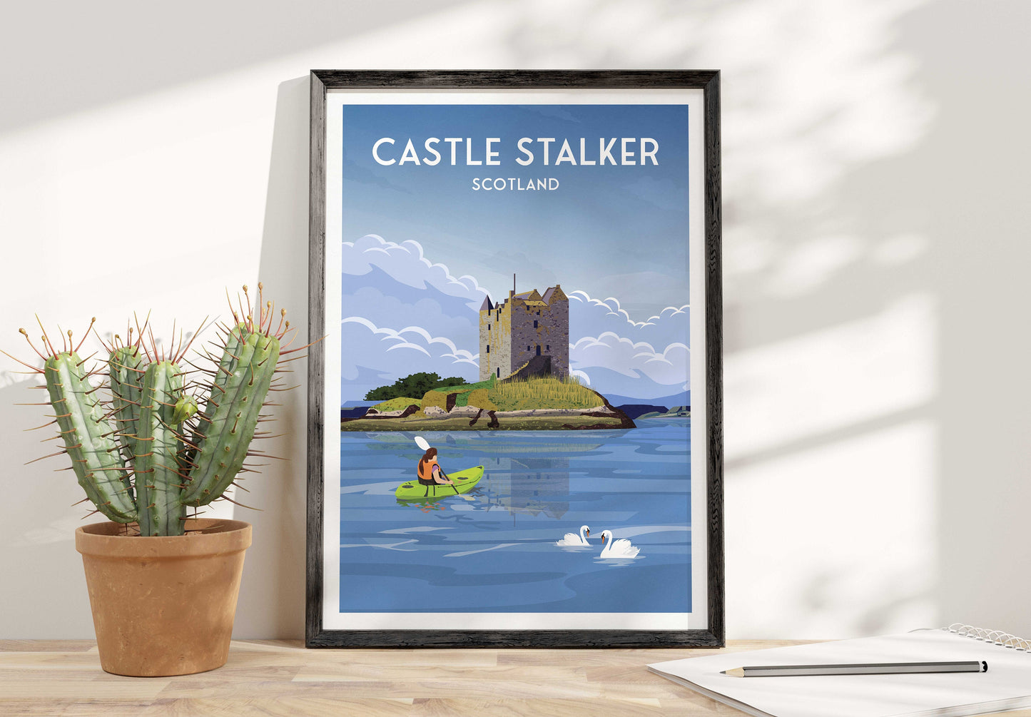 Stalker Castle Print - Kayaker and Graceful Swans -  Loch Laich - Loch Linnhe  - Port Appin - Argyll - Scotland