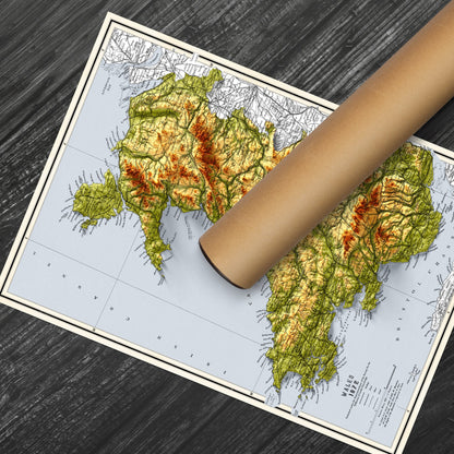 Wales Map -  Cymru Elevation Map - 1872 - 2D Welsh Vintage Poster - 3D effect shaded relief Print