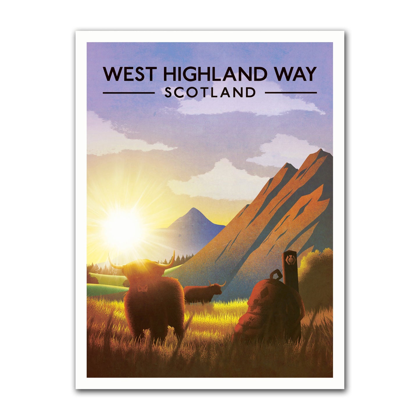 West Highland Way Poster, Highland Cow,  West Highland Way Scotland,  Hillwalking Print, Glencoe, loch lomond, inversnaid, kinlochleven