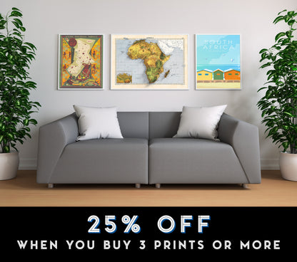 Africa Map - 2D Giclée Vintage African 3D effect shaded relief Print - Elevation Poster - Map Art - Vintage Style