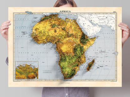 Africa Map - 2D Giclée Vintage African 3D effect shaded relief Print - Elevation Poster - Map Art - Vintage Style