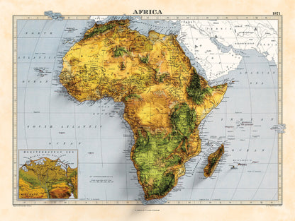 Africa Map - 2D Giclée Vintage African 3D effect shaded relief Print - Elevation Poster - Map Art - Vintage Style