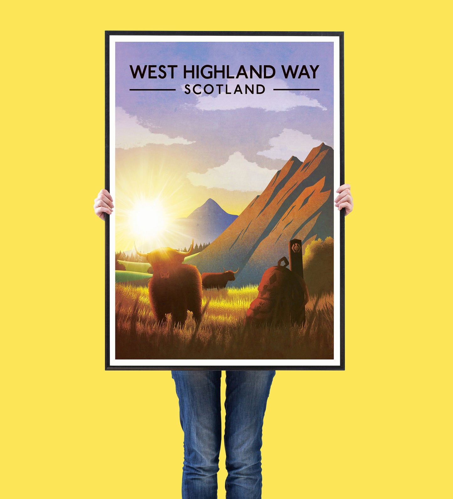 West Highland Way Poster, Highland Cow,  West Highland Way Scotland,  Hillwalking Print, Glencoe, loch lomond, inversnaid, kinlochleven