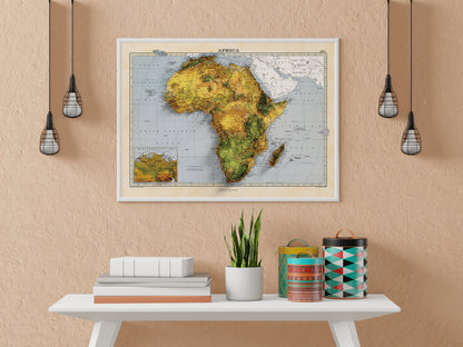 Africa Map - 2D Giclée Vintage African 3D effect shaded relief Print - Elevation Poster - Map Art - Vintage Style