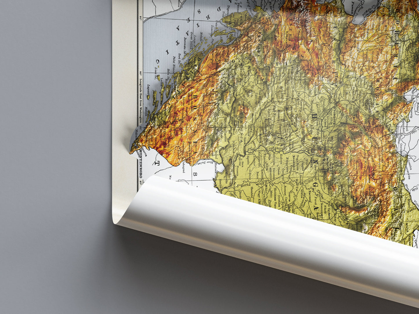 Austria Map -  2D Shaded relief Map with 3D effect - Bartholomew Print - Austro Hungarian Empire poster - Bohemia - Hungary - Galicia