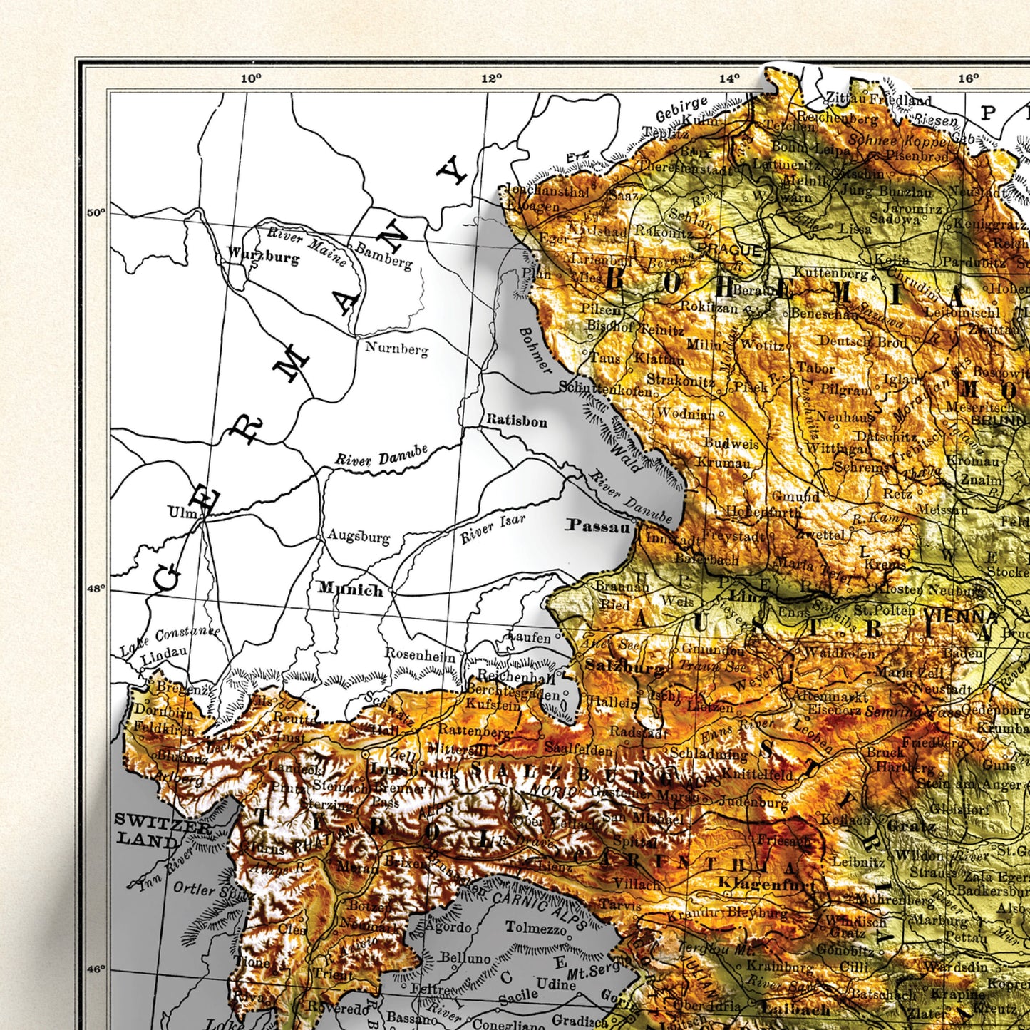 Austria Map -  2D Shaded relief Map with 3D effect - Bartholomew Print - Austro Hungarian Empire poster - Bohemia - Hungary - Galicia