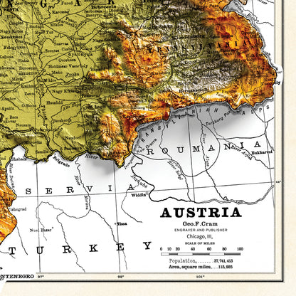 Austria Map -  2D Shaded relief Map with 3D effect - Bartholomew Print - Austro Hungarian Empire poster - Bohemia - Hungary - Galicia