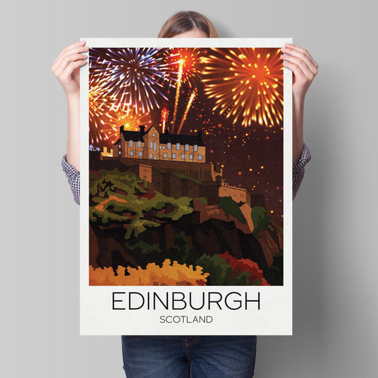 Edinburgh Castle Hogmanay Travel Poster, New Year's Eve, Edinburgh traditional travel print - Scotland Wall Art, Edinburgh Castle poster