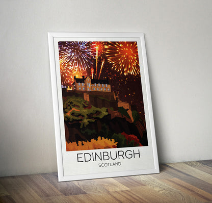 Edinburgh Castle Hogmanay Travel Poster, New Year's Eve, Edinburgh traditional travel print - Scotland Wall Art, Edinburgh Castle poster