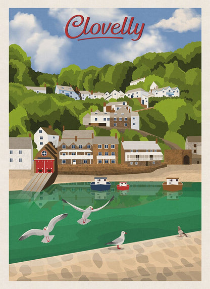 Clovelly Travel Poster - English landscape -  Devon Art Print - Wall Art