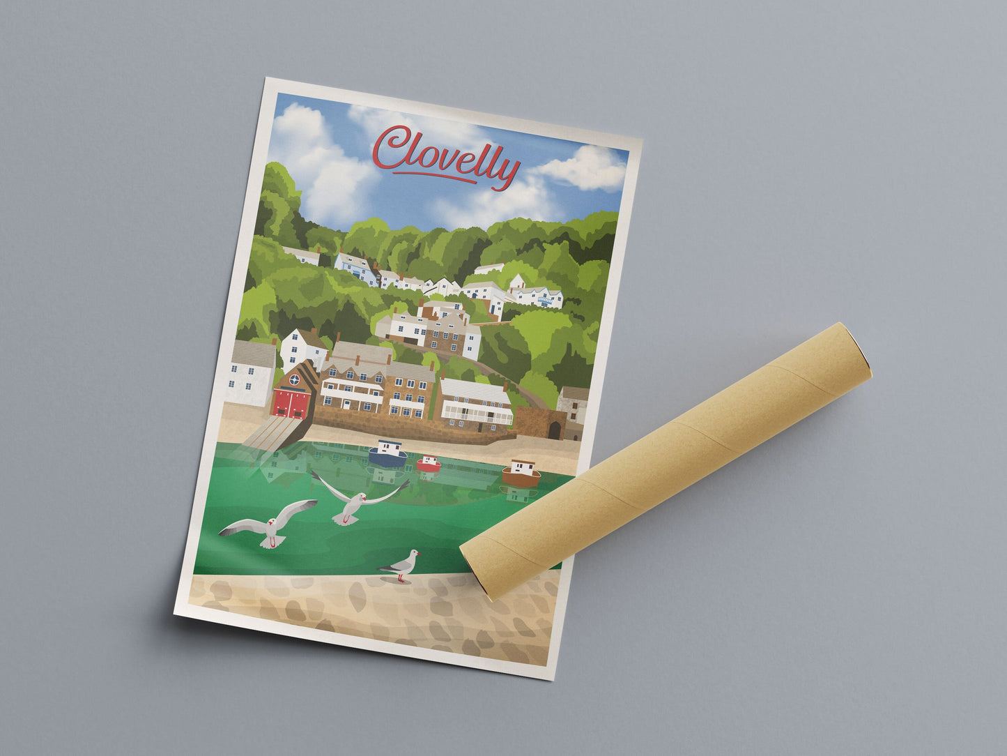 Clovelly Travel Poster - English landscape -  Devon Art Print - Wall Art