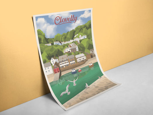 Clovelly Travel Poster - English landscape -  Devon Art Print - Wall Art