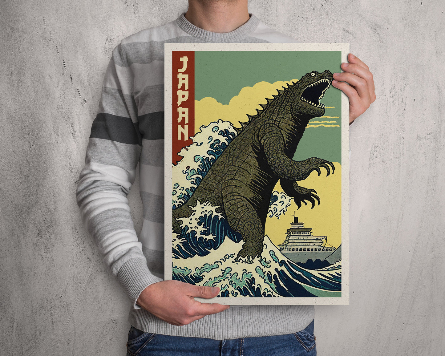 Japan Print | Vintage Retro Monster in Japan Poster |  The Great Wave off Kanagawa | Hokusai | Gift | Japanese Birthday Present