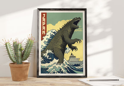 Japan Print | Vintage Retro Monster in Japan Poster |  The Great Wave off Kanagawa | Hokusai | Gift | Japanese Birthday Present