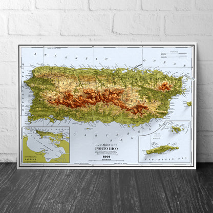 Puerto Rico Map - Vintage Style Print (1901)  - Porto Rico Shaded Relief Map - Detailed Topography - Wall Art Print