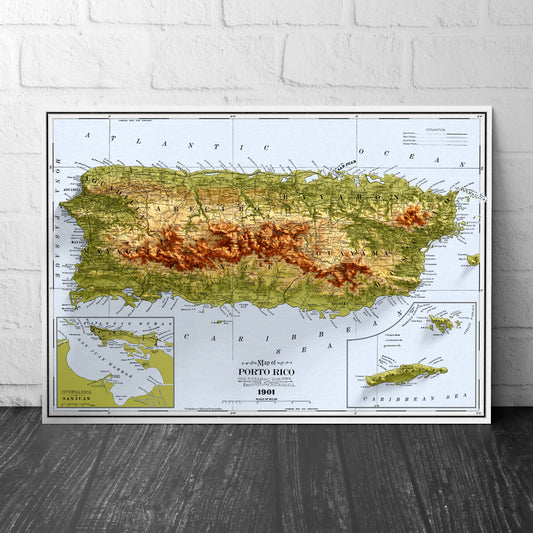 Puerto Rico Map - Vintage Style Print (1901)  - Porto Rico Shaded Relief Map - Detailed Topography - Wall Art Print