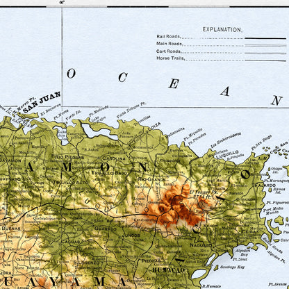 Puerto Rico Map - Vintage Style Print (1901)  - Porto Rico Shaded Relief Map - Detailed Topography - Wall Art Print