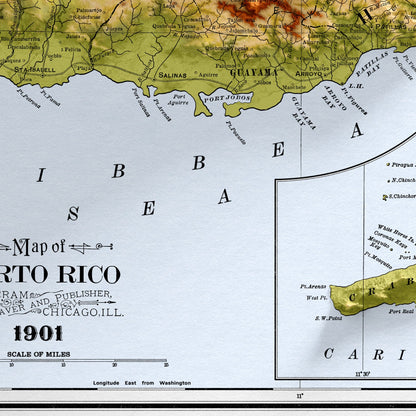 Puerto Rico Map - Vintage Style Print (1901)  - Porto Rico Shaded Relief Map - Detailed Topography - Wall Art Print