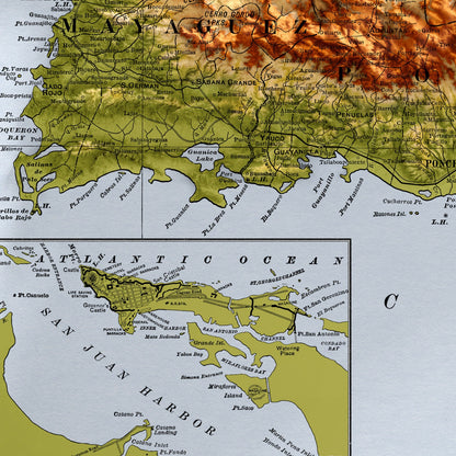 Puerto Rico Map - Vintage Style Print (1901)  - Porto Rico Shaded Relief Map - Detailed Topography - Wall Art Print