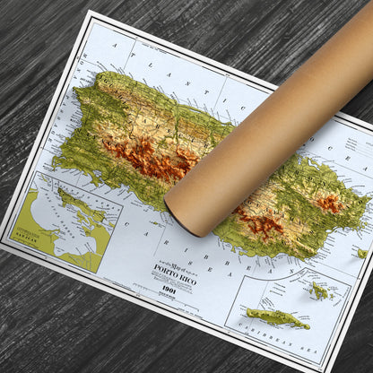 Puerto Rico Map - Vintage Style Print (1901)  - Porto Rico Shaded Relief Map - Detailed Topography - Wall Art Print