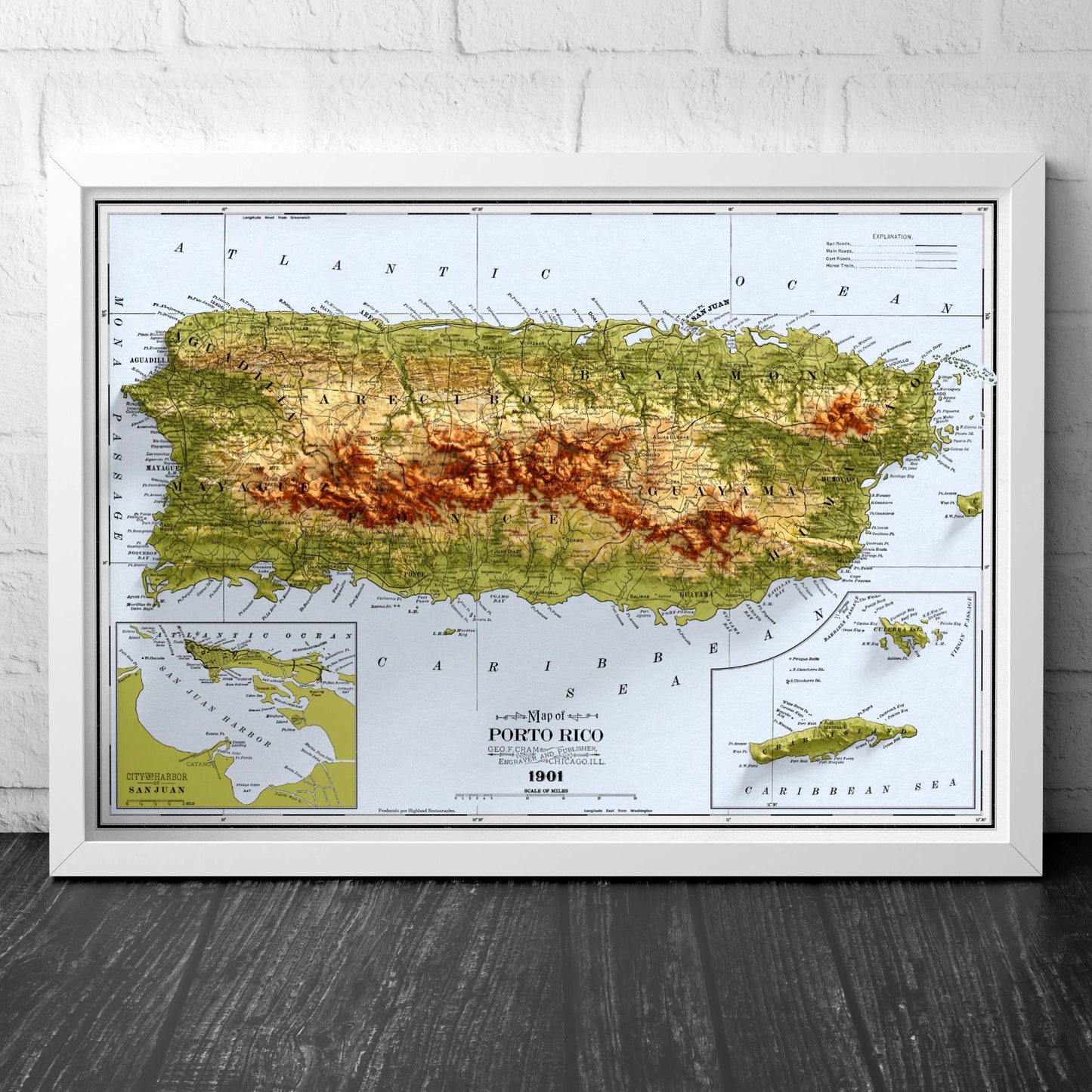 Puerto Rico Map - Vintage Style Print (1901)  - Porto Rico Shaded Relief Map - Detailed Topography - Wall Art Print