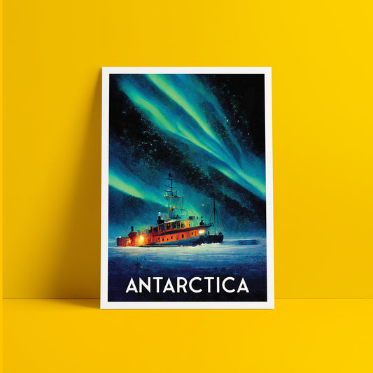 Antarctica Travel Poster, southern lights, aurora australis, Icebreaker travel print, South Pole