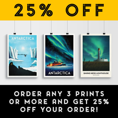 Antarctica Travel Poster, southern lights, aurora australis, Icebreaker travel print, South Pole