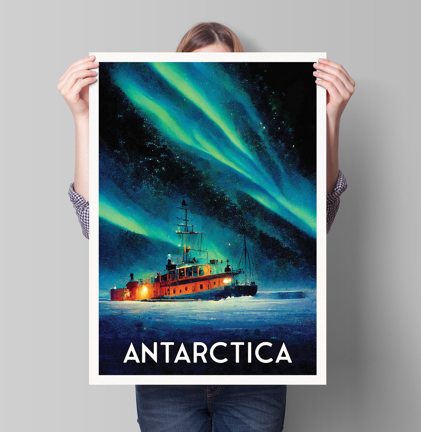 Antarctica Travel Poster, southern lights, aurora australis, Icebreaker travel print, South Pole