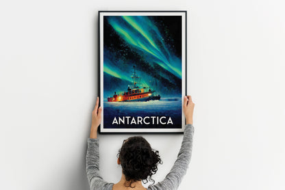 Antarctica Travel Poster, southern lights, aurora australis, Icebreaker travel print, South Pole