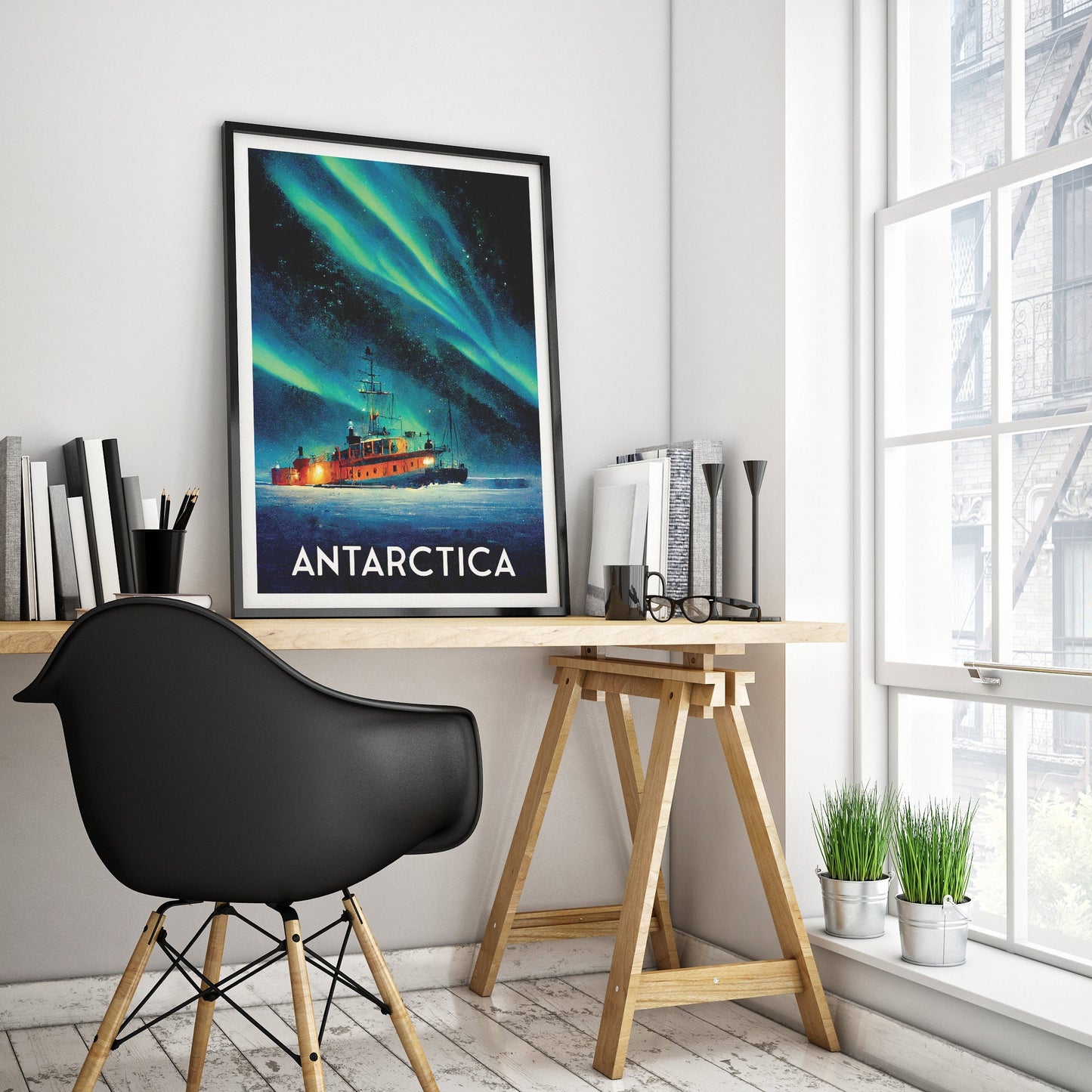 Antarctica Travel Poster, southern lights, aurora australis, Icebreaker travel print, South Pole