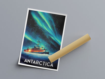 Antarctica Travel Poster, southern lights, aurora australis, Icebreaker travel print, South Pole