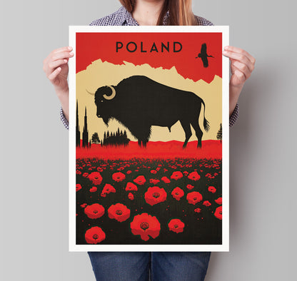 Poland Print | Travel Poster | European Bison | White Stork | Corn Poppy | Polish Gift | Birthday Present | Home Decor Artwork