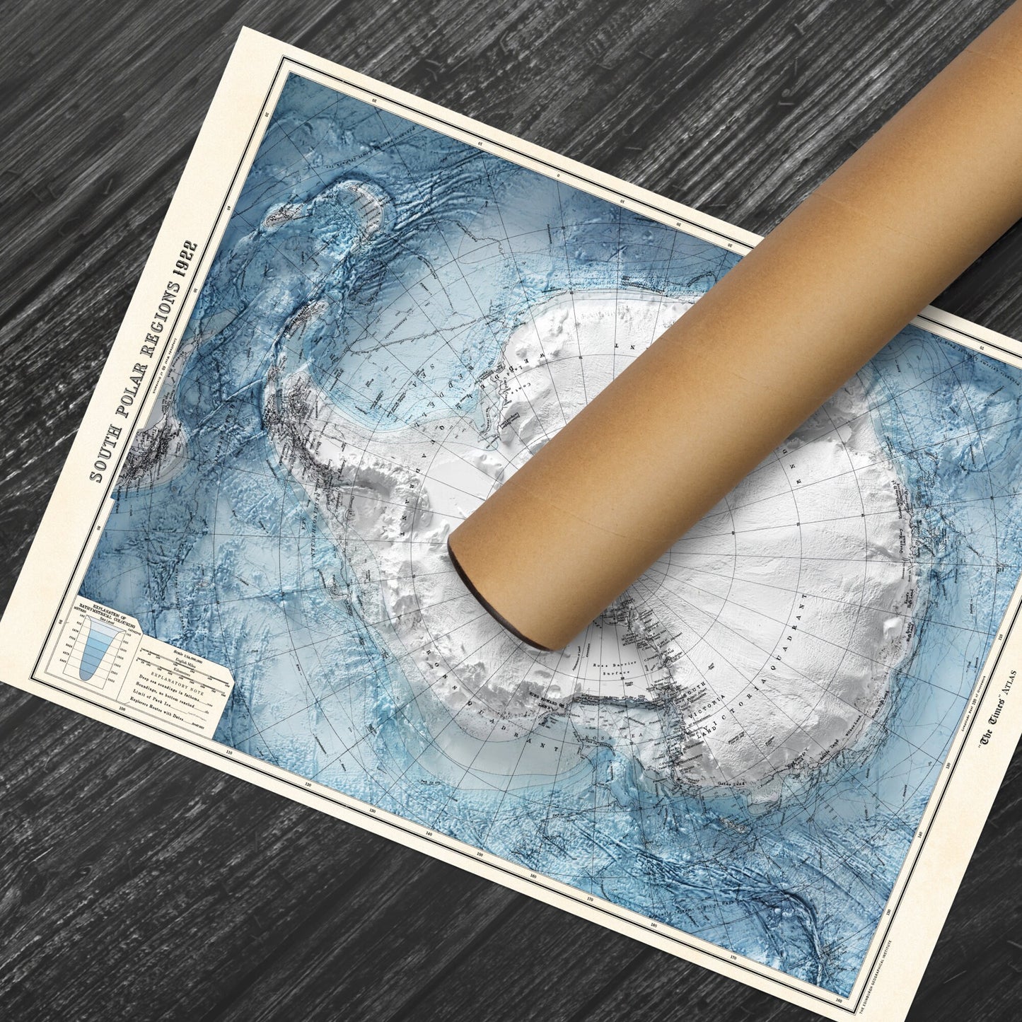 Antarctica Map - Vintage Style Print (1922)  - South Pole Shaded Relief Map - Detailed Topography - Wall Art Print