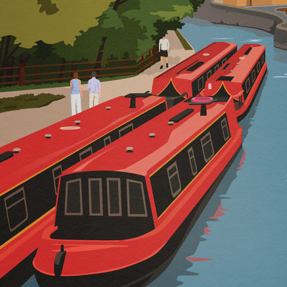 Skipton Travel Poster -  Narrow Boats on the Leeds and Liverpool Canal Travel Poster Print - Yorkshire - England