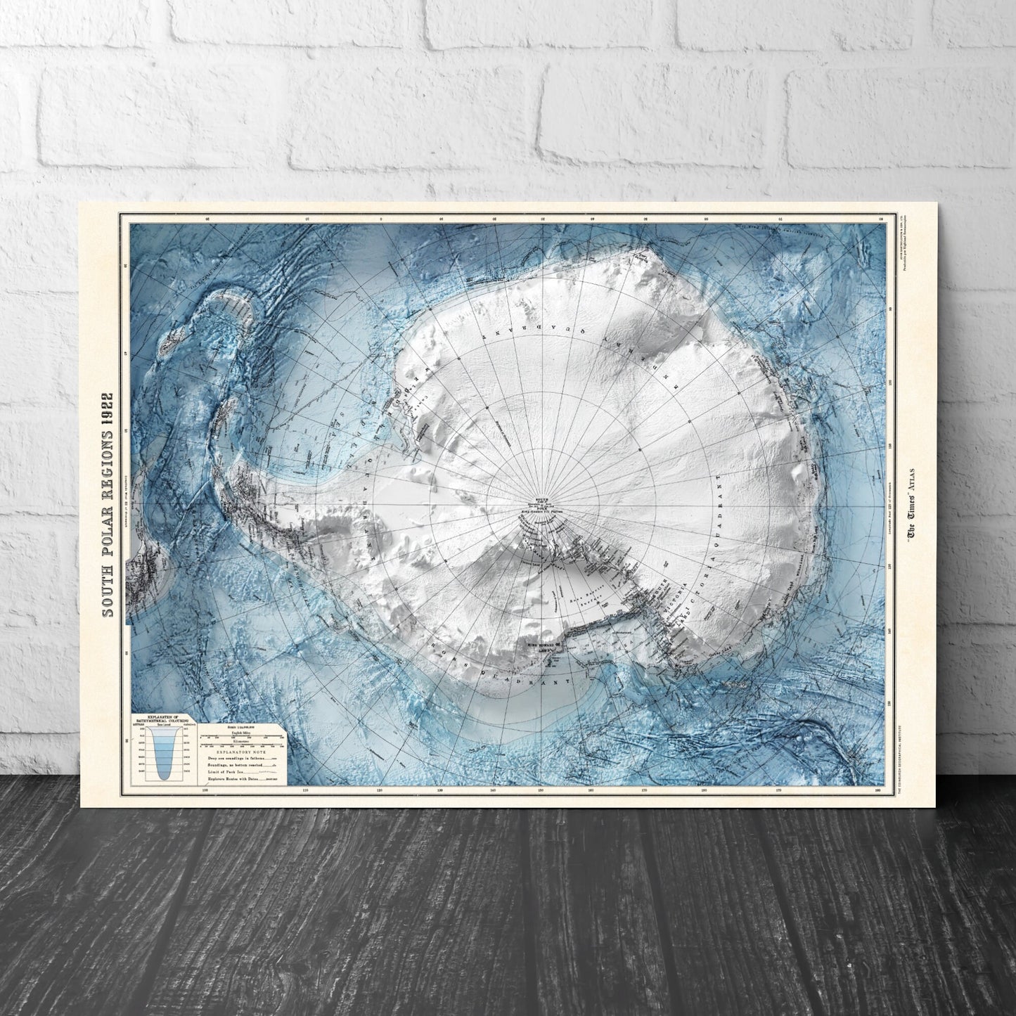 Antarctica Map - Vintage Style Print (1922)  - South Pole Shaded Relief Map - Detailed Topography - Wall Art Print