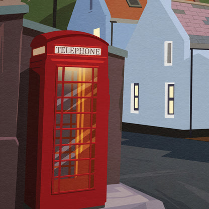 Pennan Travel Poster - Aberdeenshire - Scotland - Local Hero - Red Telephone Box - Northern Lights - Aurora Borealis  - Scottish Landscape