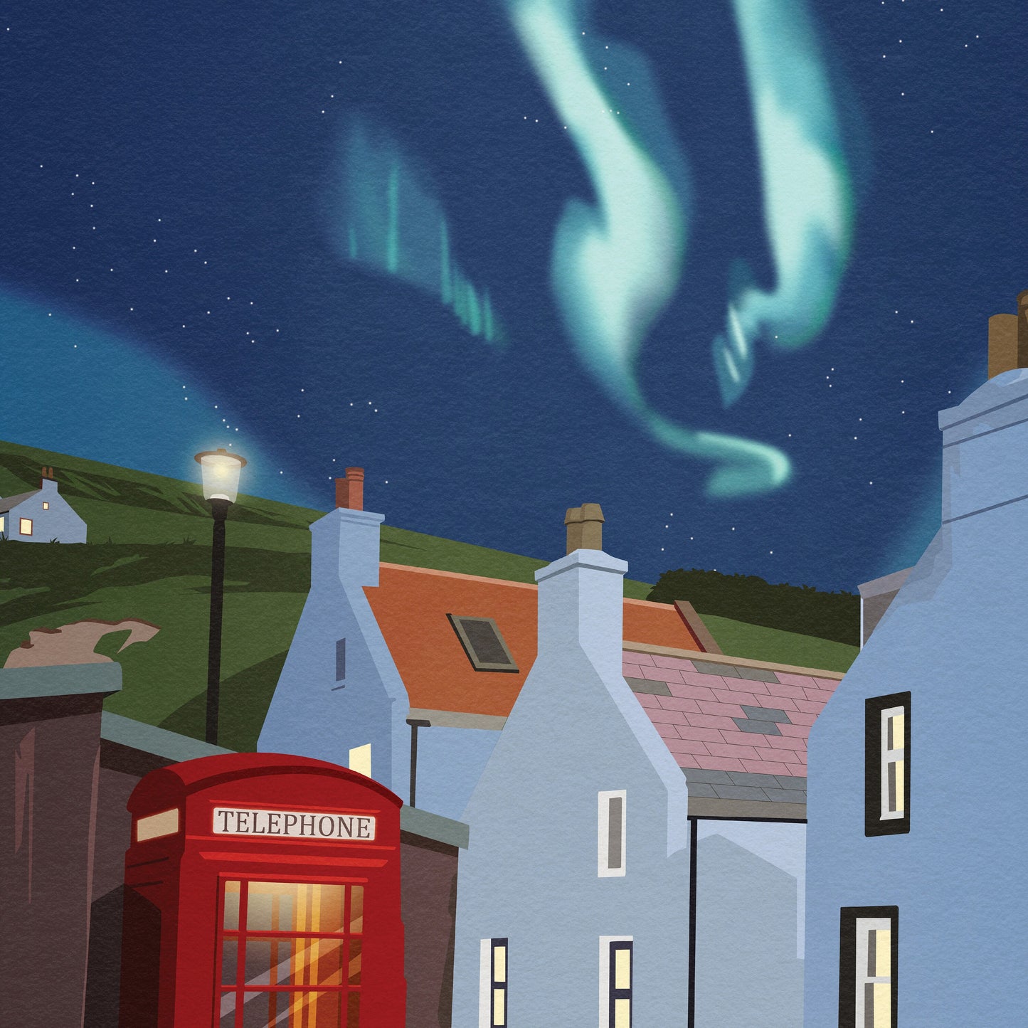 Pennan Travel Poster - Aberdeenshire - Scotland - Local Hero - Red Telephone Box - Northern Lights - Aurora Borealis  - Scottish Landscape