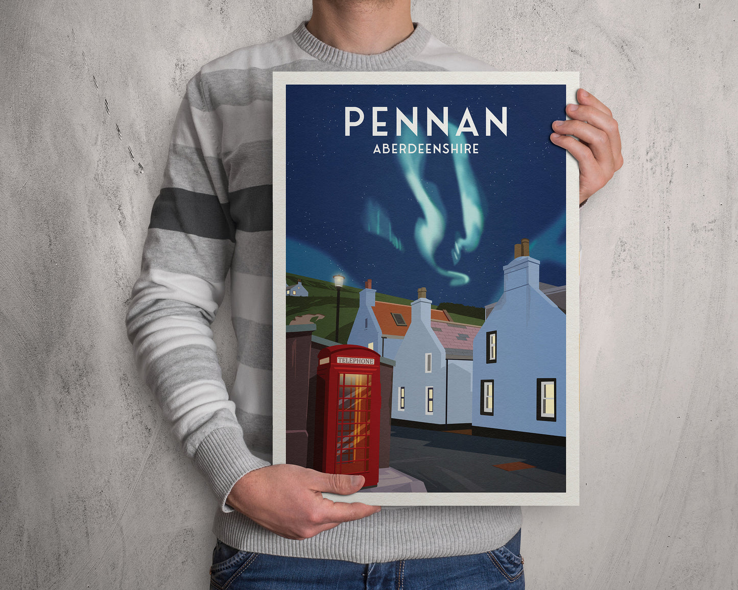 Pennan Travel Poster - Aberdeenshire - Scotland - Local Hero - Red Telephone Box - Northern Lights - Aurora Borealis  - Scottish Landscape