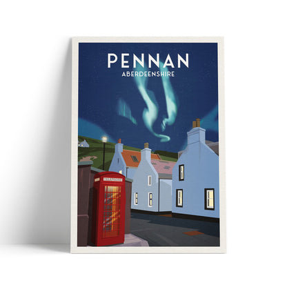 Pennan Travel Poster - Aberdeenshire - Scotland - Local Hero - Red Telephone Box - Northern Lights - Aurora Borealis  - Scottish Landscape