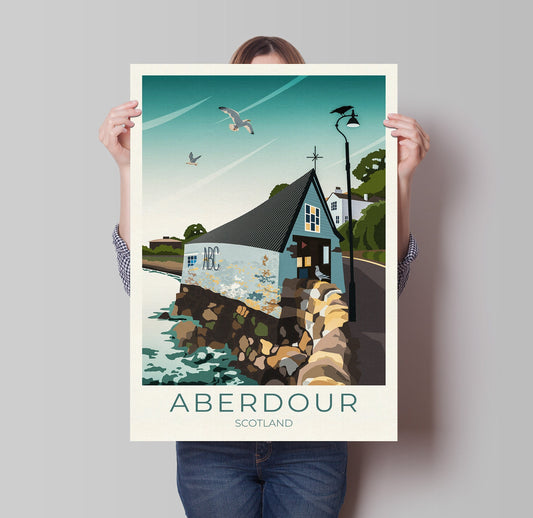 Aberdour Travel Poster, Aberdour Boat Club, Black Sands Beach and Harbour, Fife