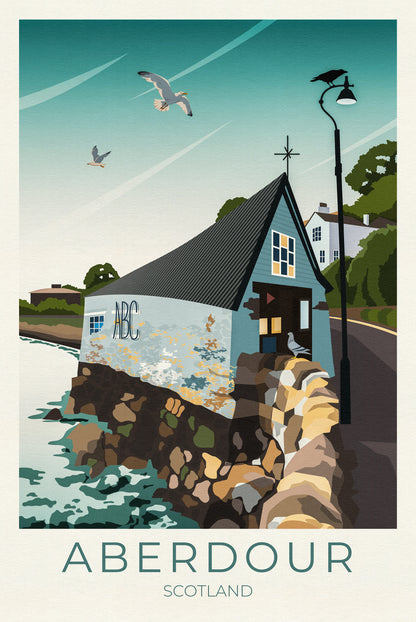 Aberdour Travel Poster, Aberdour Boat Club, Black Sands Beach and Harbour, Fife