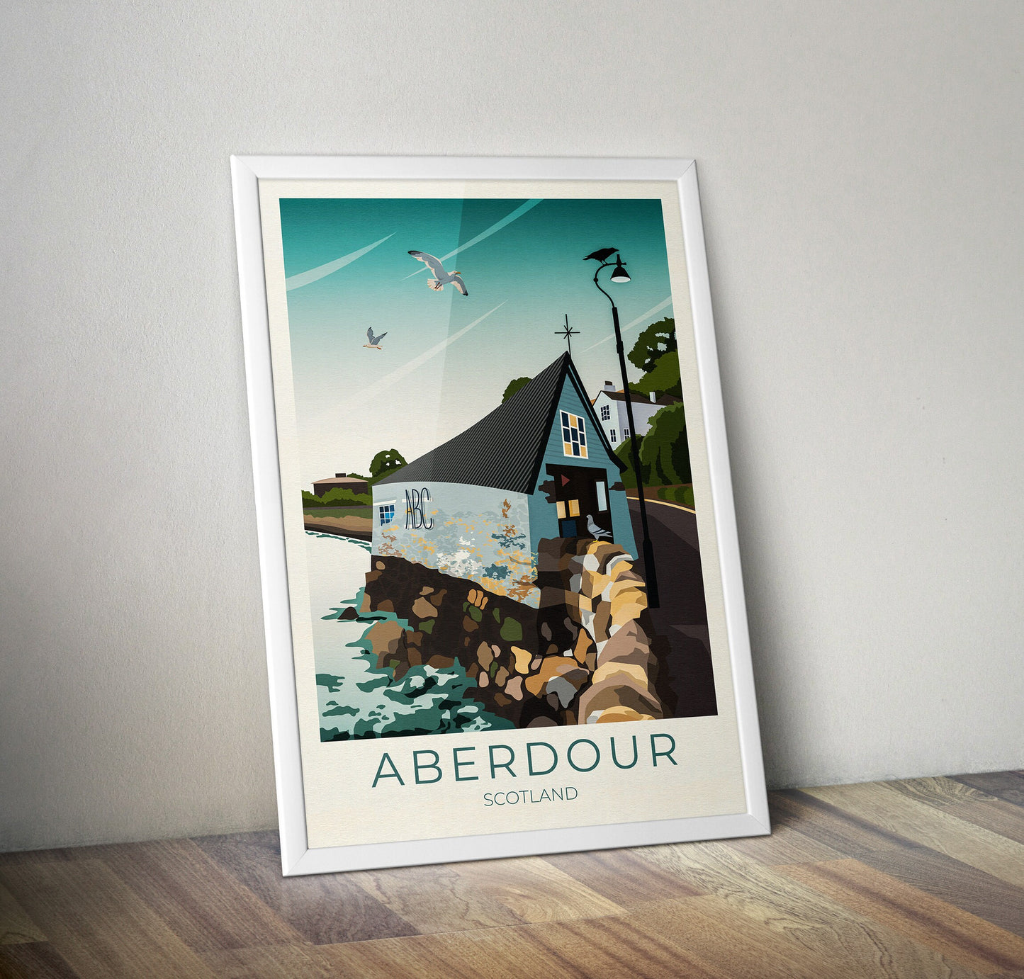 Aberdour Travel Poster, Aberdour Boat Club, Black Sands Beach and Harbour, Fife