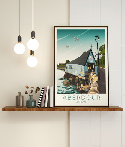 Aberdour Travel Poster, Aberdour Boat Club, Black Sands Beach and Harbour, Fife