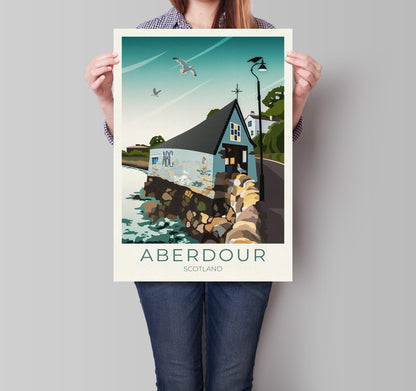 Aberdour Travel Poster, Aberdour Boat Club, Black Sands Beach and Harbour, Fife