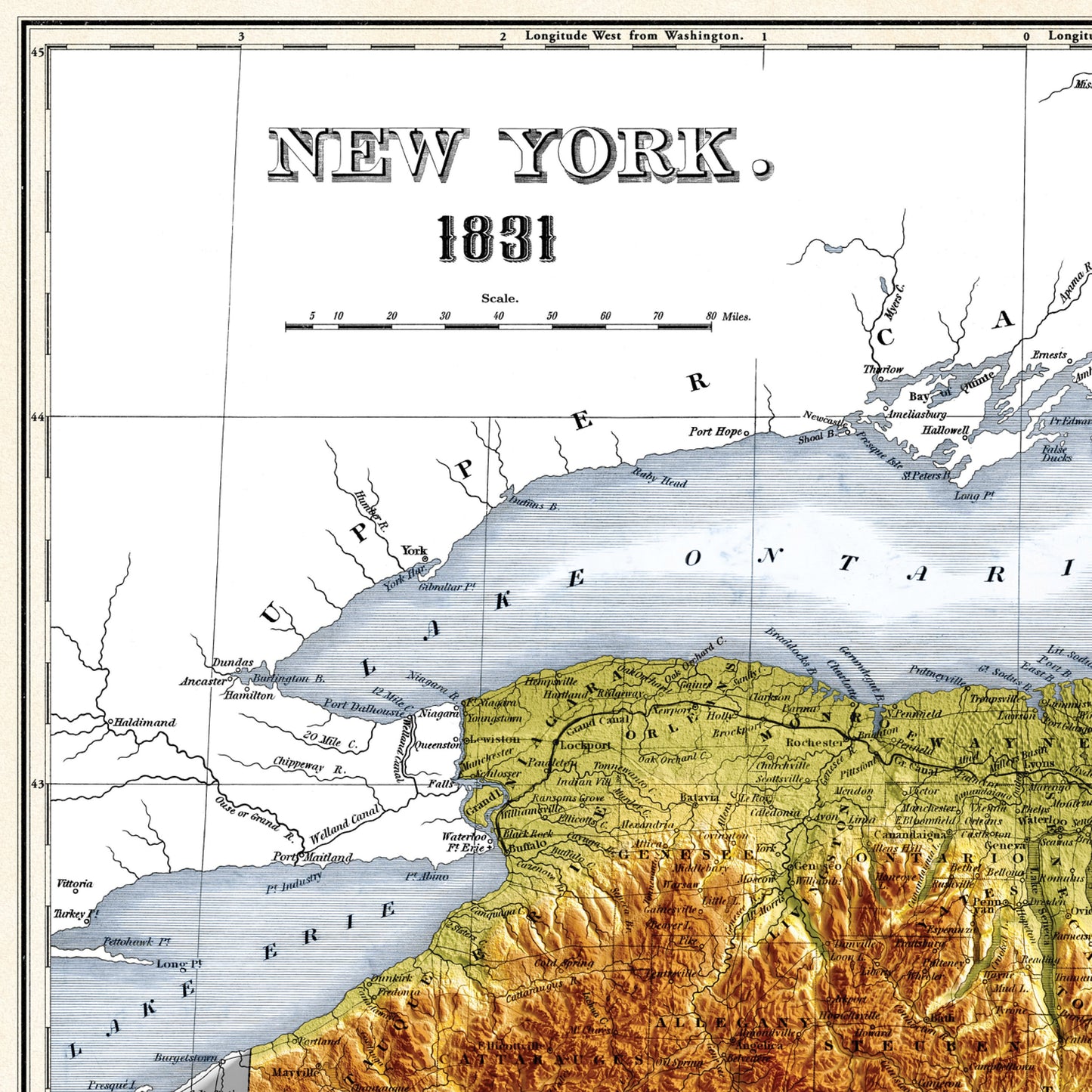 New York Map -  1831 Vintage Relief Map Print With 3D Illusion - Professionally Restored - Tompkins - Steuben - Cattaraugus - Delaware