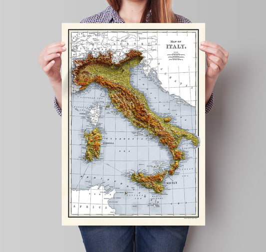 Italy Map - 1894 Vintage Italy Shaded Relief Map - 3D Illusion - Lombardy - Emilia - Rome - Corsica - Tuscany - Latium - Campania - Sardinia