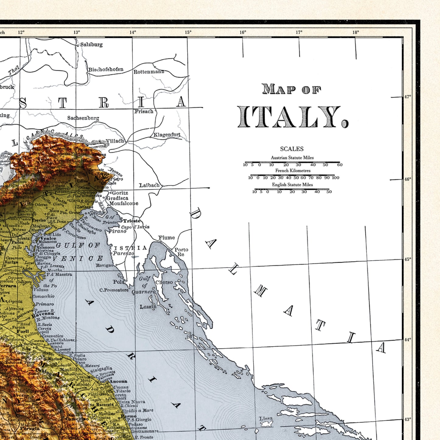 Italy Map - 1894 Vintage Italy Shaded Relief Map - 3D Illusion - Lombardy - Emilia - Rome - Corsica - Tuscany - Latium - Campania - Sardinia